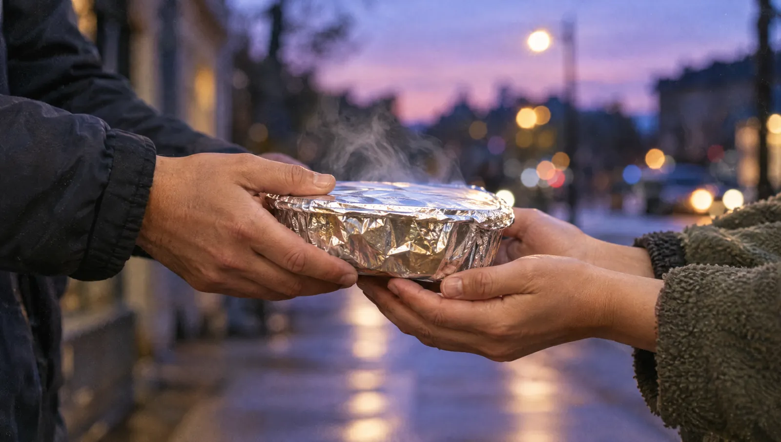 One pair of hands passing a warm foil-wrapped meal to another at dusk