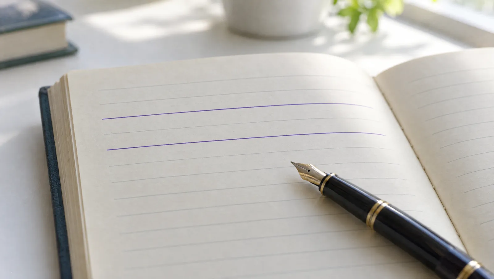 An open ledger with two ruled lines inked in violet and a third line empty